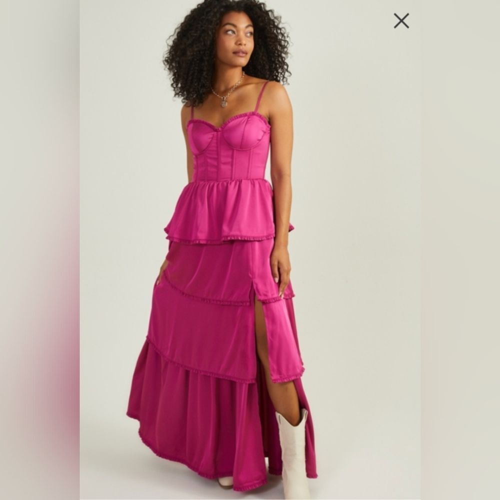 Alter'd State Stellini Berry Satin Corset Boned Tiered Maxi Dress NWT Size Small